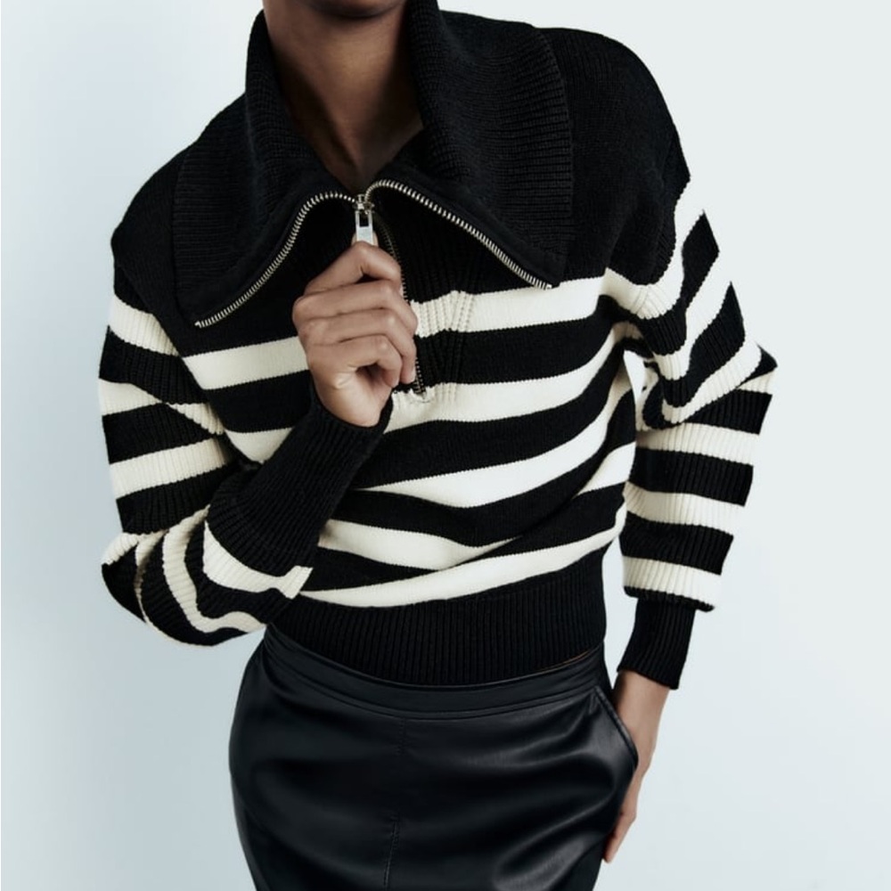 NWT Zara Black and Cream Stripe Half Zip Sweater - Picture 3 of 4